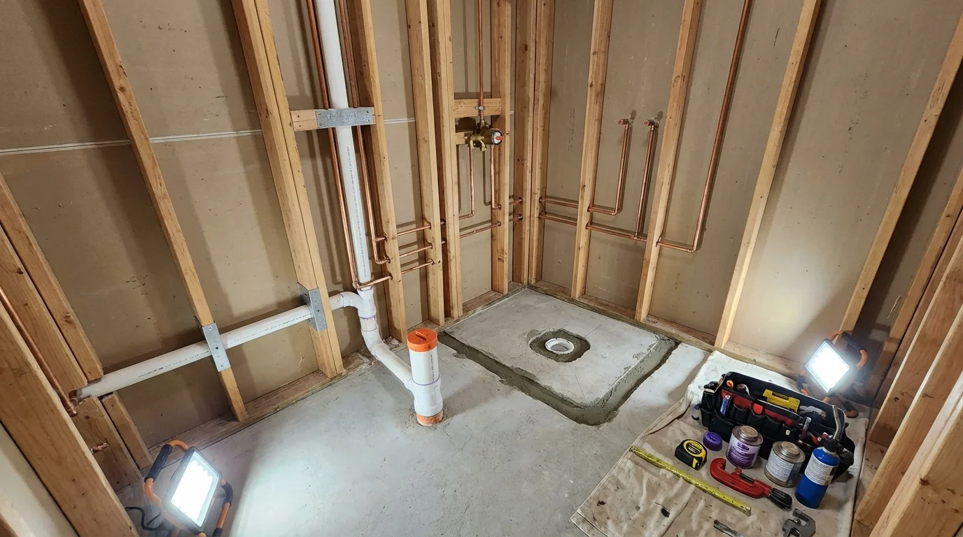 Bathroom rough-in plumbing during remodel by Johns Plumbing LLC in Homerville